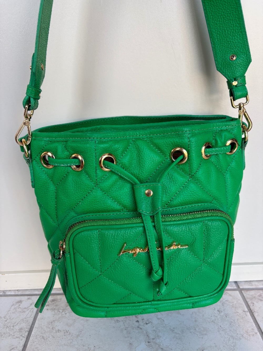 Luiza Barcelos Apple Green Leather Bucket Bag, Shoulder Bag